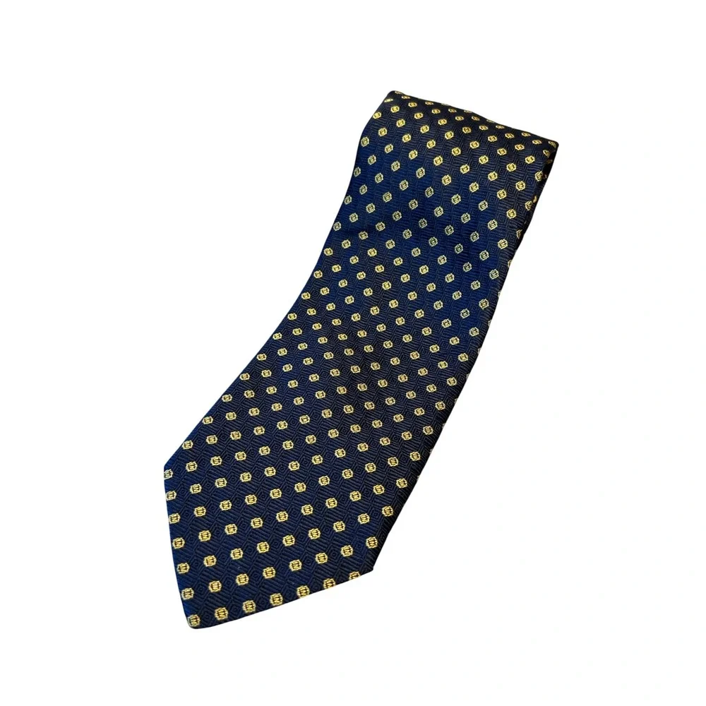 La‎ Cravatta di Bernardo Silk Necktie Navy Blue Yellow Pattern Men's Tie